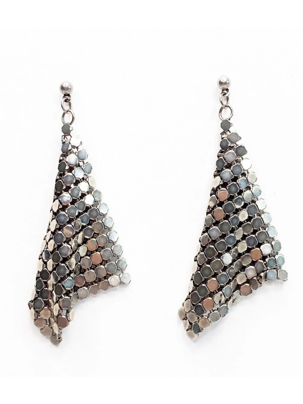 Vintage Silver Tone Metal Mesh Dangle Earrings Statement Shimmer Sparkle